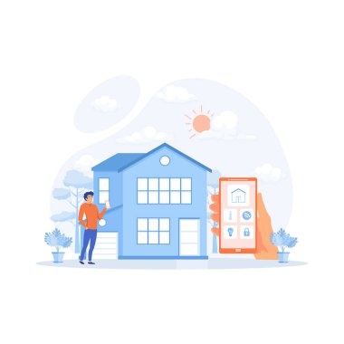 Kontrol sistemine sahip akıllı ev uygulaması, arka planda eko ev ve aile pozu, düz vektör modern illüstrasyon