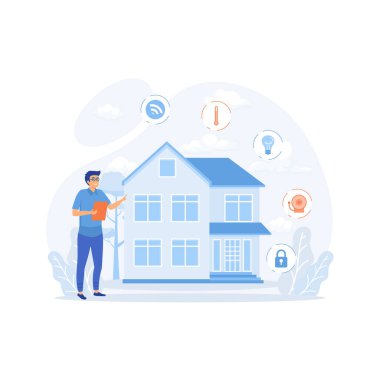 Akıllı ev. kavramsal zekaya sahip ev, kapalı altyapı, akıllı yaşam ortamı, yaşam kalitesi soyut metafor, düz vektör modern illüstrasyon