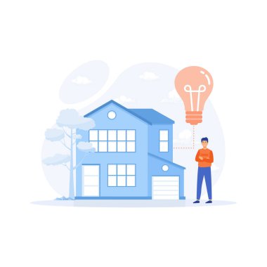 Özel Eko Evi. Yenilenebilir enerji ve tasarruf edilen elektrik, düz vektör modern illüstrasyon
