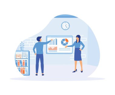 Pazarlama araştırması. Kız ve meslektaşı elde edilen bilgiyi analiz ediyor. düz vektör modern illüstrasyon