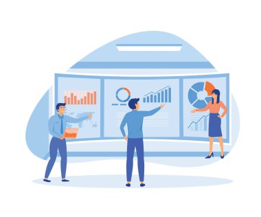 Veri analiz konsepti. Satış yönetimi istatistikleri ve operasyon raporlarının holografik çizelgeleri ve diyagramları üzerine iş dünyası analistlerinin takım çalışması. düz vektör modern illüstrasyon