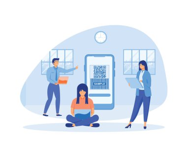 Çevrimiçi Ödeme konsepti. İnsanlar ödemeleri için akıllı telefon kullanıyor ve QR kodunu tarıyor. düz vektör modern illüstrasyon