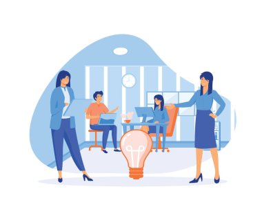 Beyin fırtınası konsepti. Ampul fikirleri olan yaratıcı insanlarla tanışmak. İş fikirlerini paylaşmak ve araştırmak. düz vektör modern illüstrasyon düz vektör modern illüstrasyon