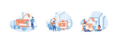 Sosyal medya için video içerik yaratıcısı, içerik indirme sayfası web sitesi, Freelancer Blogger ve Video Vlogger Prodüksiyon. İçerik oluşturucu düz vektör modern illüstrasyonunu ayarladı