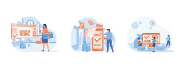 Çevrimiçi alışveriş ve nakitsiz transferler, çevrimiçi sipariş onayı, İnternet üzerinden alışveriş satın alma süreci. Düzen doğrulaması düz vektör modern illüstrasyonunu ayarla