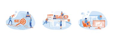 Arama motoru optimizasyonu veya sosyal medya, konsept SEO, pazar araştırma web sitesi kodlaması, Seo web pankartı tasarımı için modern düz kavram analizi. Arama motoru optimizasyonu (SEO) 2 düz vektör modern illüstrasyonunu ayarla