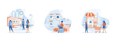 Moda Malzemelerini Bilgisayar Ekran Konsepti 'nde Etrade Marketplace' den alın, Genç kadın laptop 'la online alışveriş yapın, kız ve erkek akıllı telefondan alışveriş yapıyor. Çevrimiçi alışveriş 2 düz vektör modern illüstrasyon