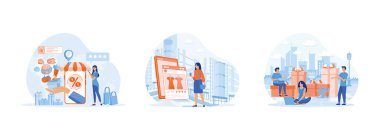 Kadının alışveriş yaptığı internet dijital mağaza sahnesi, telefon aracılığıyla alışveriş, düz tasarım insanları ve teknoloji konsepti. Çevrimiçi alışveriş 1 düz vektör modern illüstrasyonunu ayarladı