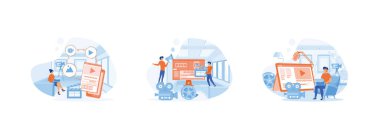 Video düzenleme ve multimedya içerik üretimi, akıllı telefon uygulaması, kamera işi ve görüntü düzenleme, web sayfası çekimi. Video düzenleyici düz vektör modern illüstrasyonunu ayarla