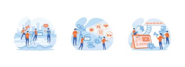 İnsanlar kulaklıkla film çekiyor ve konuşuyor. Bir film çekme süreci. Film Yapımı. Film Üretimi düz vektör modern illüstrasyonunu ayarladı