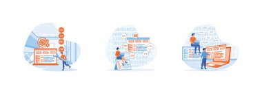 Programcı web sitesi, kodlama. Programlama ve mühendislik geliştirme. Programcı ya da geliştirici kod programlama dili oluşturur. Programcılar düz vektör modern illüstrasyonunu kurdular