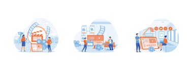 Küçücük insanlar, multimedya içerik üretimi, profesyonel video editörü ve film tasarımcısı, dizüstü bilgisayar uygulamasındaki içerik üretimini düzenliyor ve yapıyor. Video düzenleyici düz vektör modern illüstrasyonunu ayarla