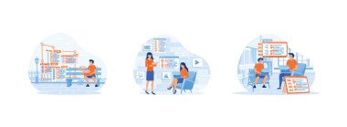 Program geliştirici web sitesi, kodlama. Yazılım geliştirme şirketi ofisi takım çalışması yapıyor. Programcılar düz vektör modern illüstrasyonunu kurdular