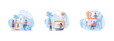 Blogger fotoğraf ve video içeriği blogcusu oluşturuyor, video çekimi. Kopya alanı olan bir video blogcusu. Blogger düz vektör modern illüstrasyonunu ayarladı