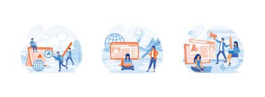 Bloglar, blog yazarları yazılar yazıyor. Yaratıcı yazılar. Yazar. İçerik yönetimi. Blogger düz vektör modern illüstrasyonunu ayarladı