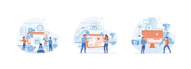 Tezgâhtarlar, Tasarımcılar, Editörler, Bireysel içerik direktörü, Hikayeciler hareket grafik içeriği oluşturan, Yaratıcı festival ekibi animasyoncuları. Motion Design Studio düz vektör modern illüstrasyonunu ayarladı