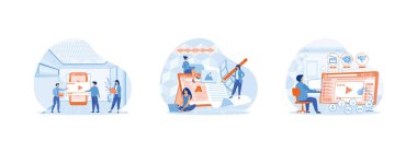 İnternette video pazarlama. Sosyal ağ konseptinde promosyon. Film üretimi ve çevrimiçi içerik ile video pazarlama. İçerik Pazarlaması düz vektör modern illüstrasyonunu ayarladı