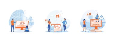 İnsanlar işletim sistemini günceller, bilgisayar ve kurulum programlarındaki işlemleri günceller, insanların işletim sistemini güncellediğini gösterir. Sistem Güncellemesi 2 düz vektör modern illüstrasyonunu ayarla