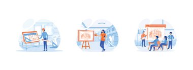 Mimar Yaratıcı, ev projesi. Çizim Binası Güvertede. Mimar düz vektör modern illüstrasyonunu ayarla