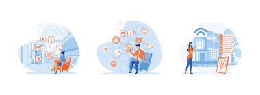 Elektronik ev aletleri. Akıllı ev kontrol fonksiyonları. Elektrikli alet kontrolü. Akıllı ev set düz vektör modern illüstrasyon