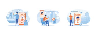 Bir yüzü tanımlıyor. Yüz tanıma. Yüz biyometrik doğrulama. Yüz tanıma düz vektör modern illüstrasyonunu ayarladı