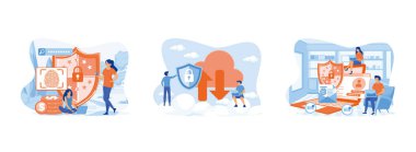 Veri koruması. Güvenlik kalkanı tutan ve dizüstü bilgisayar kullanan bir adam. Güvenlik ve gizli veri koruması. Veri koruması 3 düz vektör modern illüstrasyonunu ayarla