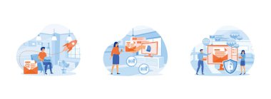 Posta servisi. Tarayıcı ekranındaki adam posta kutusunu kontrol ediyor. Zarf, sosyal ağ, sohbet, spam. düz vektör modern illüstrasyon