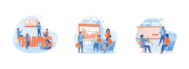 Usta eğitmenle mesleki eğitime katılan kişiler, personel eğitimi kavramı, toplantı, iş dünyası, takım çalışması, personel eğitim web afişi veya iniş sayfası. İş eğitimi düz vektör modern illüstrasyonunu ayarladı