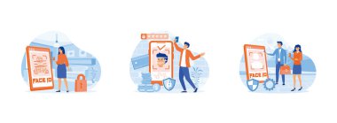 Yüz tanıma. Veri güvenliği. Cep telefonu kullanıcıları biyometrik denetimden sonra veriye ulaşıyorlar. Yüz tanıma düz vektör modern illüstrasyonunu ayarladı