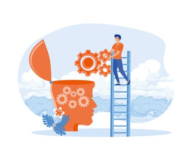 Akıl sağlığı tedavisi. Merdiven tasarımı olan küçük insanlar. Sancak, poster veya medya sosyal baskısı.Düz vektör modern illüstrasyon