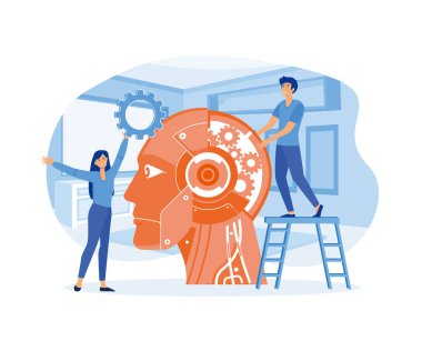 Dev Sayborg Tepesi 'nde Dişlilerle Küçük İş Karakterleri. Yapay Zeka, Makine Öğrenme ve Eğitim. düz vektör modern illüstrasyon