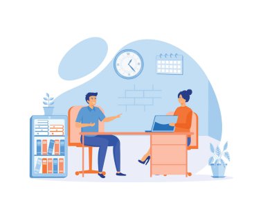 İş kadını görüşmede adayla konuşuyor. Bir adam bilgisayarlı kadına sorular soruyor ve cevaplıyor. düz vektör modern illüstrasyon