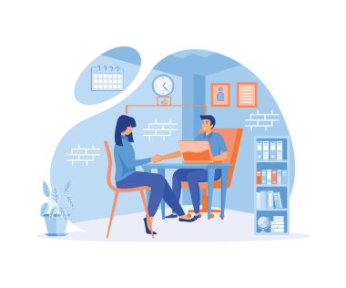 Kadınlarla düz bir iş görüşmesi. İş arayan ve işveren masaya oturur ve konuşurlar. düz vektör modern illüstrasyon