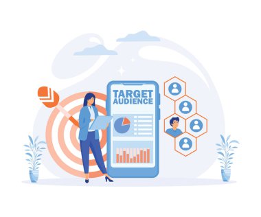 Hedef kitle. Küçük bir kadın akıllı telefon uygulamasında sosyal ağlara reklam vermiş. düz vektör modern illüstrasyon