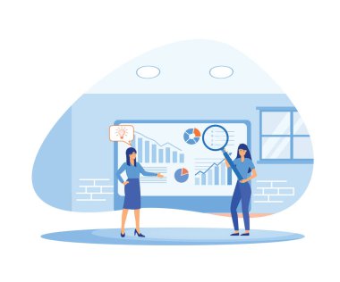 İş kadını analizi, proje yönetimi ve piyasa araştırması. düz vektör modern illüstrasyon