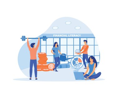 Finansal okur-yazarlık kelimelerinin etrafında farklı hareketlerdeki yüzsüz genç erkekler ve kadınlar. düz vektör modern illüstrasyon