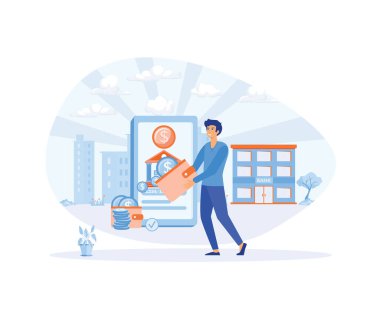 İnternetten ödeme yapan ve ikramiye ya da kredi kartıyla ödül alan bir adam. düz vektör modern illüstrasyon