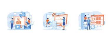 Müşteri alımı için pazarlama tekniği. Farklı web sayfalarında uyarlanabilir içerik sunumu. Çalışan sadakati çevrimiçi servis. Çevrimiçi servis düz vektör modern illüstrasyonunu ayarla