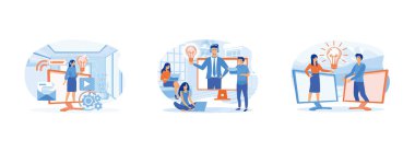 Müşteri hizmetleri, internet sayfası için yardım hattı, müşteri ve operatör kavramı, uzaktan çalışan yönetici, yeni fikirler arıyor, şirkette birlikte çalışıyor, beyin fırtınası yapıyor. Çevrimiçi asistan (2) düz vektör modern illüstrasyonunu ayarla