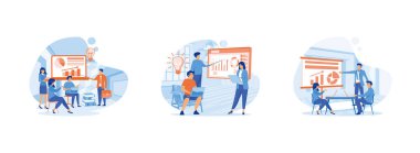 İş adamları ofis illüstrasyonunda takım çalışması, iş kadını konuşması, yönetim kurulu sunumunda grafikler sunumu, ofis odasında iş toplantısı ekibi konferansı. İş eğitimi düz vektör modern illüstrasyonunu ayarladı