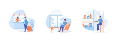 Otel konaklama yeri. Otel servisi. İş lobisi. Otel lobisi barı. Otel servisi düz vektör modern illüstrasyonunu ayarladı