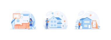 Tablet uygulamasında ev dijital sistemini kontrol etmek bilişsel zekaya sahip ev kontrol sistemine sahip akıllı ev uygulaması. Akıllı ev (1) düz vektör modern illüstrasyonunu ayarla