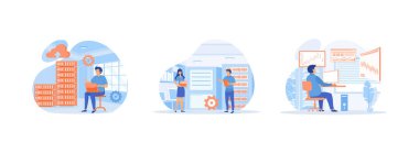 Veri merkezi. Veri ağı yönetimi. Sunucu Bilgisayar İzleme Bilgi Veritabanı Sunucusu. Veri merkezi düz vektör modern illüstrasyonunu ayarla