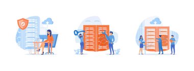 Sunucu bakımı. Sunucu güvenliği. Sunucu aygıtındaki onarımlar. Sunucu bakımı düz vektör modern illüstrasyonunu ayarladı