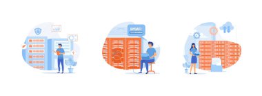 Sunucu bakımı. Sunucu rafı hırdavat odası. Sunucu odasında bulut hesaplama ayarları. Sunucu bakımı düz vektör modern illüstrasyonunu ayarladı