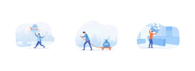 Ağır borç yükü taşıyan bir iş adamı, terleyen bir işadamı ve üzerinde yazılı borç olan bir arabayı çeken takım elbiseli bir adam, sırtında bir iş adamı. Borç yükü düz vektör modern illüstrasyonunu ayarladı