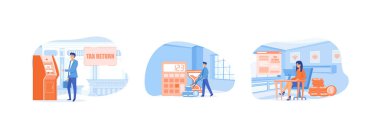 İşadamı vergi kutusuna altın para bırakıyor, başarılı işadamı vergileri makasla ağır indiriyor, İş kadını karakteri Büyük Vergi İade Belgesi yakınında bilgisayarla Çalışma Masasında oturuyor. Vergi Dönüşü düz vektör modern illüstrasyonuName