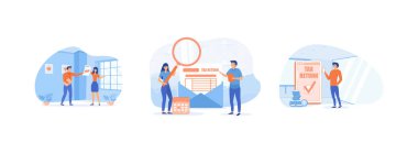 Erkek ve kadın vergi iade işi, vergi müfettişi, muhasebe ve ödeme fikri, iş adamı vergi iadesi yapıyor. Vergi Dönüşü düz vektör modern illüstrasyonuName