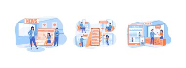 İnternet haberleri. Cep telefonu kullanıcısı internet üzerinden haberleri paylaşıyor. İnsanlar gazete okuyor. Çevrimiçi haber kümesi düz vektör modern illüstrasyon