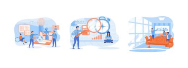 IOT, Dijital Dönüşüm, yapay zeka teknolojisi, otomasyon ve bulut hesaplaması, Veri Analizi ve Dijitalleşme Konsepti, beyaz kart üzerindeki dijital dönüşüm. Dijital Dönüşüm Düz vektör Modern illüstrasyonunu ayarla